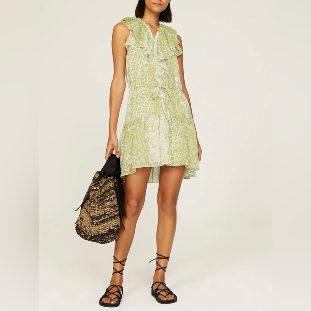 NWT AllSaints Ali Noche Size 10 Green White Summer Dress Tie Waist Ruffles Snake